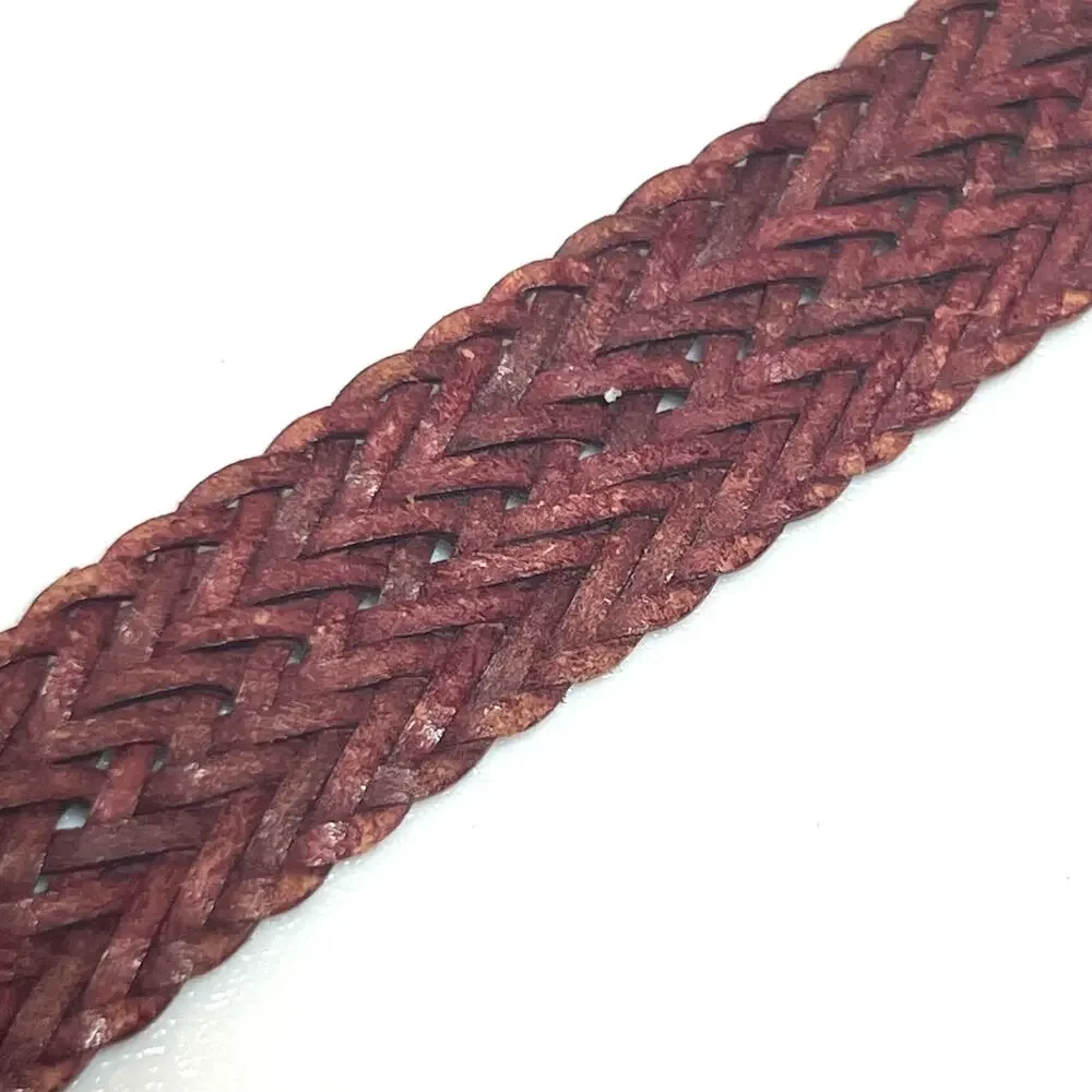 Lands End Leather Braided Skinny Belt Size Small Classic Red Woven Brass Buckle